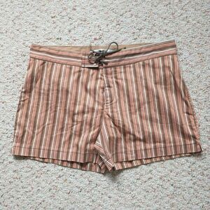 Parke & Ronen Swim Shorts Mens Brown Striped Pocket Ties Beach 34x3.5"